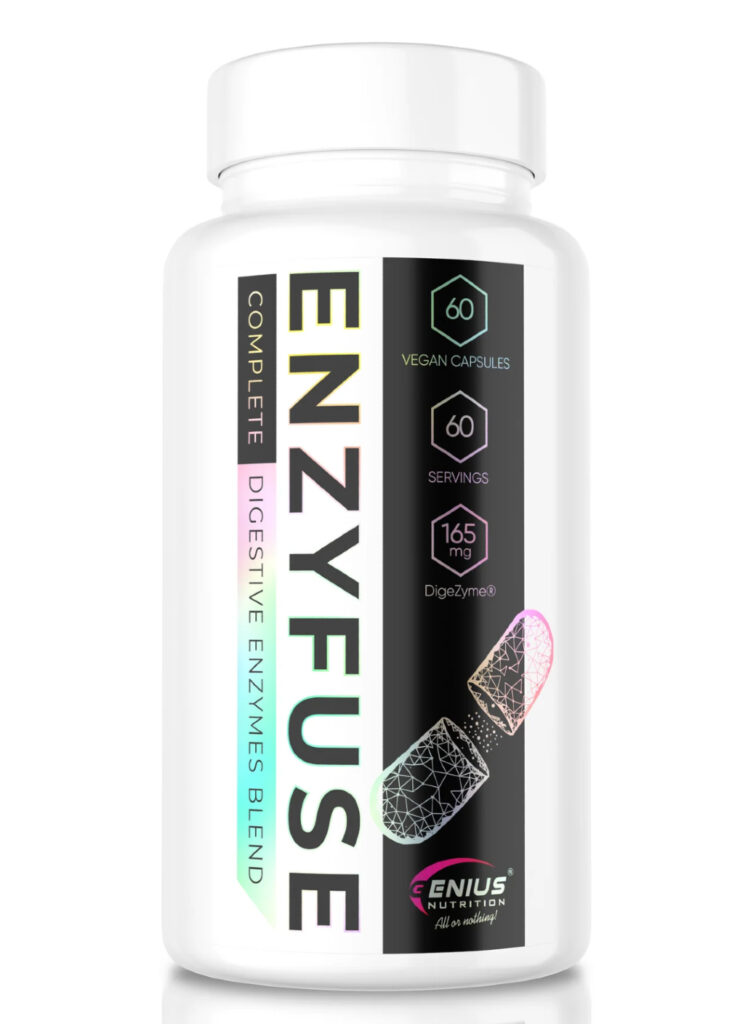 Nutritional facts and clinical details for Enzyfuse DigeZyme – Digestive Enzyme Complex | Genius Nutrition | 60 Capsules.