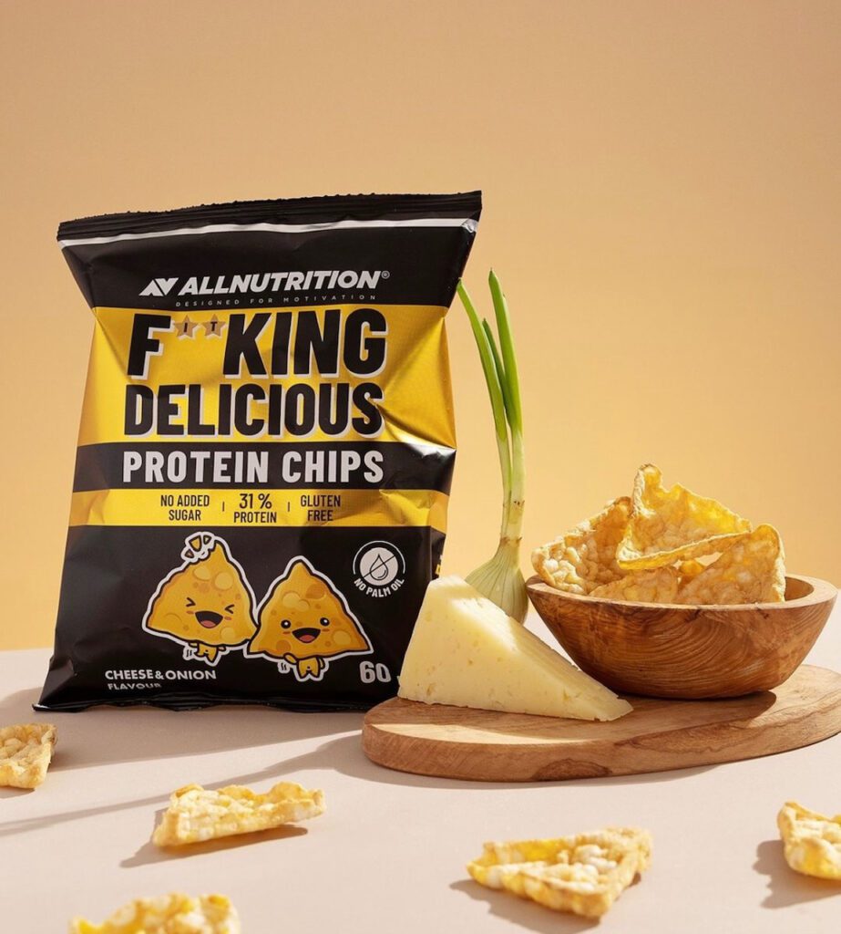 "Protein Chips Cheese Onion" Veganiški Baltyminiai Traškučiai 'AllNutrition' 60g - produkto nuotrauka 2, FUNKCINIS MAISTAS ir SALE.