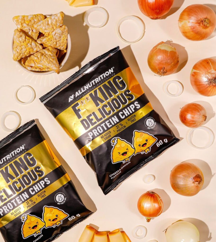 "Protein Chips Cheese Onion" Veganiški Baltyminiai Traškučiai 'AllNutrition' 60g - produkto nuotrauka 1, FUNKCINIS MAISTAS ir SALE.