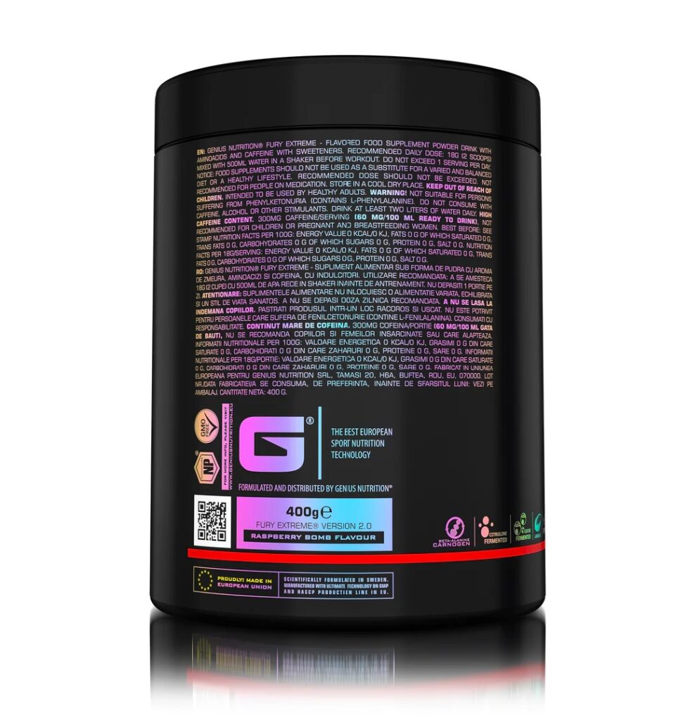 Fury Extreme – Prieštreniruotinis energijos kompleksas | Genius Nutrition | 400 g - Moksliškai pagrįstas veiksmingumas Fury Extreme – Prieštreniruotinis energijos kompleksas | Genius Nutrition | 400 g - produkto nuotrauka 2, Pre-workout papildai ir SPORTAS.