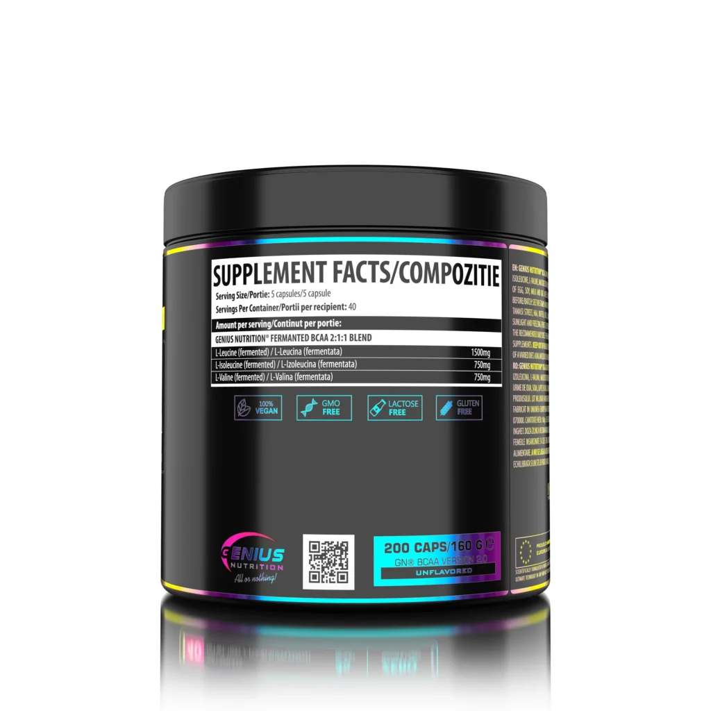BCAA – Šakotosios grandinės aminorūgštys | Genius Nutrition | 200 kapsulių - produkto nuotrauka 1, Amino Rūgštys ir SPORTAS.