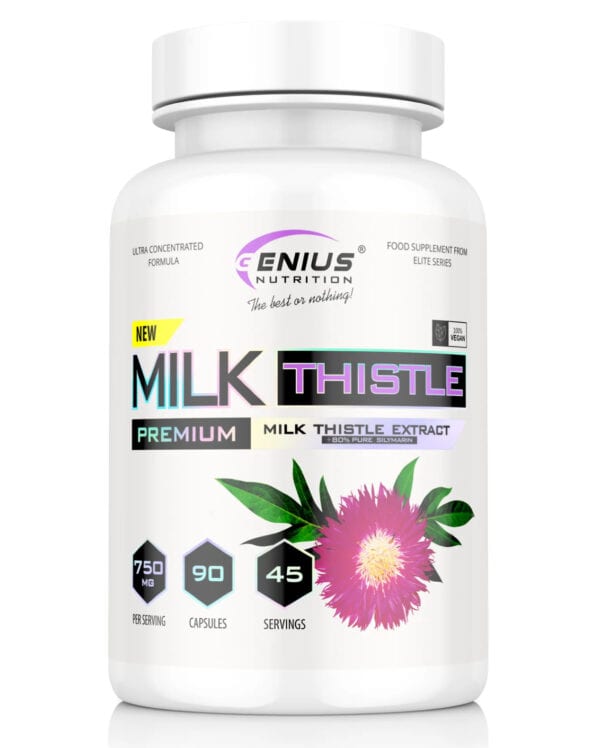 Milk Thistle Premium – Genius Nutrition tikrojo margainio ekstraktas kepenų sveikatai 90 kaps.