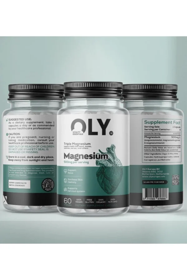 Triple Magnesium – magnio kompleksas (malatas, bisglicinatas, tauratas) 500 mg | Oly (60 kaps. /60 porcijų) - Image 2