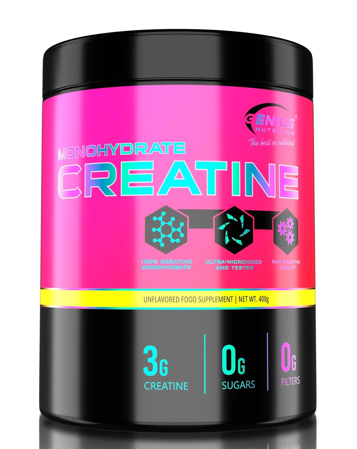 Creatine Monohydrate – Mikronizuoti kreatino milteliai | Genius Nutrition | 400 g - Moksliškai pagrįstas veiksmingumas Creatine Monohydrate – Mikronizuoti kreatino milteliai | Genius Nutrition | 400 g | Klinikinio lygio ilgaamžiškumo protokolas, Visos Prekės ir Kreatinas papildas.