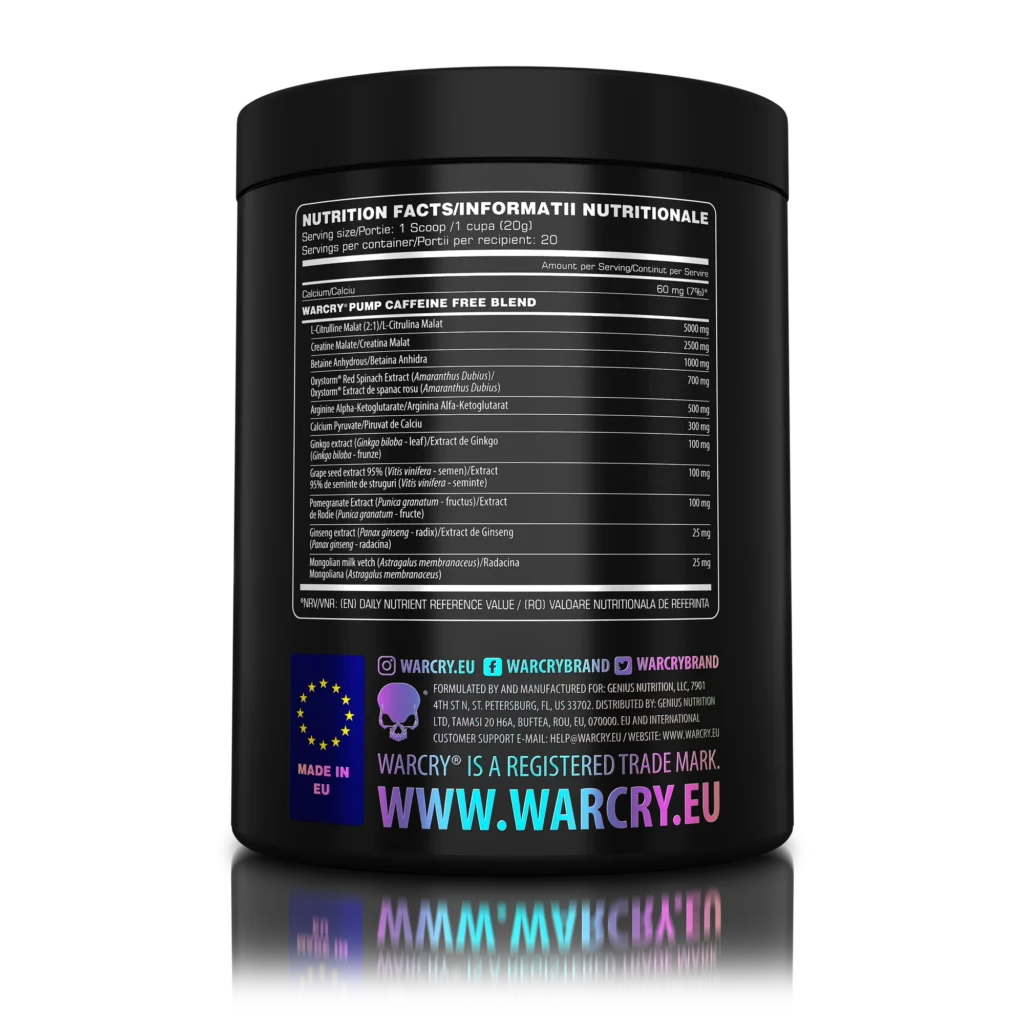 WARCRY® Pump – Pre-Workout be kofeino | Genius Nutrition | 400 g - Moksliškai pagrįstas veiksmingumas WARCRY® Pump – Pre-Workout be kofeino | Genius Nutrition | 400 g - produkto nuotrauka 1, Pre-workout papildai ir SPORTAS.