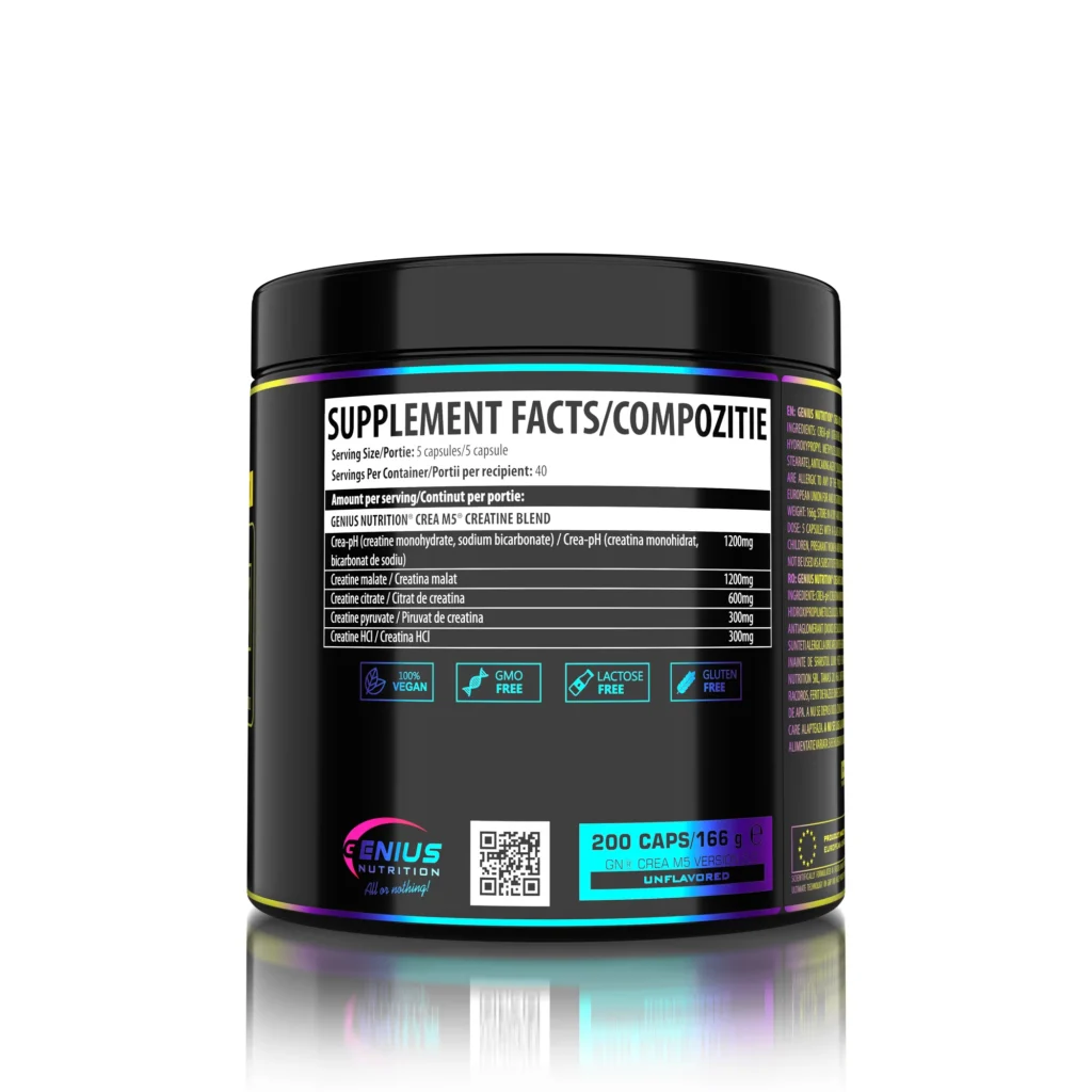 CREA-M5 – Pažangus kreatino kompleksas | Genius Nutrition | 200 kapsulių - produkto nuotrauka 1, Kreatinas ir Raumenų Hipertrofija.