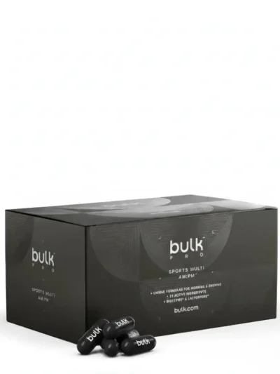 Bulk PRO Sports Multi AM:PM 120 kapsulių pakuotė – profesionalus 30 dienų dienos ir nakties multivitaminų kursas.