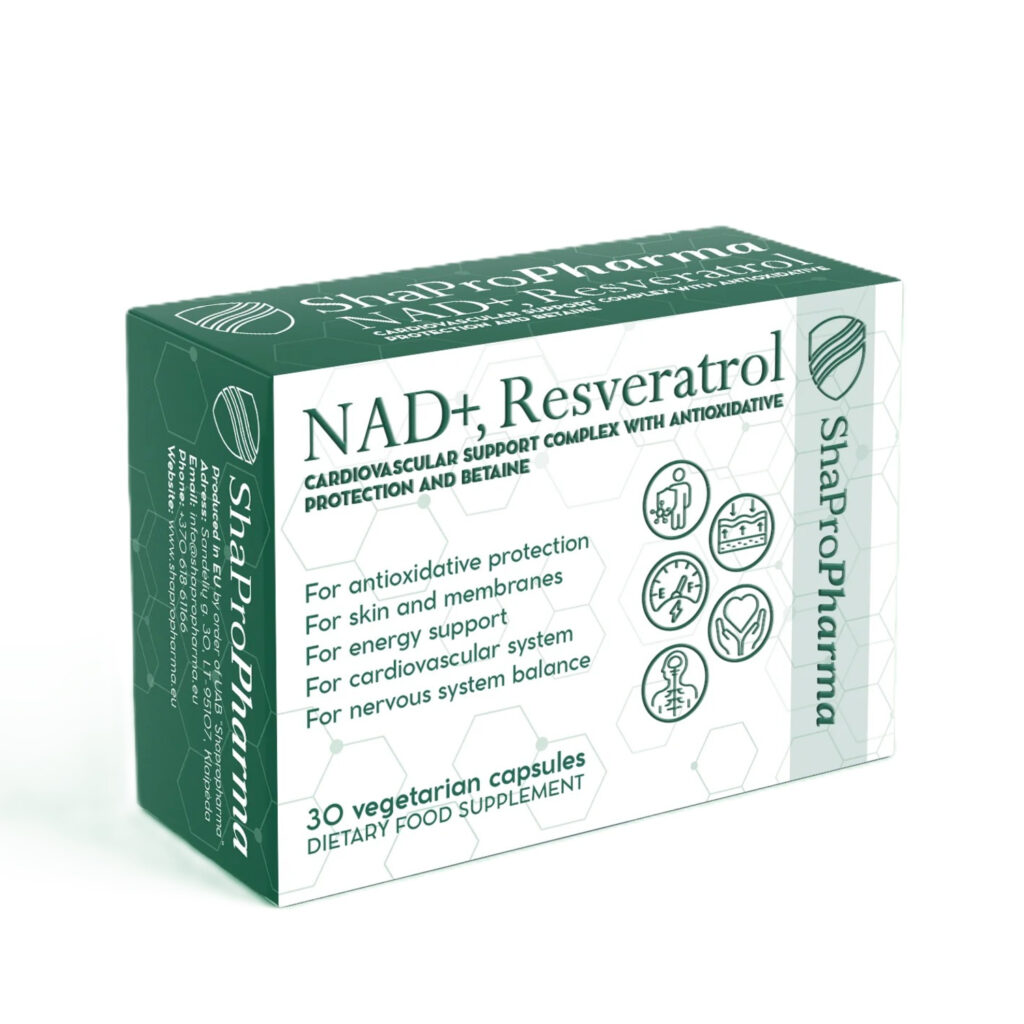 NAD+, Resveratrolio ir Betaino kompleksas ląstelių palaikymui | Shapro Pharma (30 kapsulių) - Moksliškai pagrįstas veiksmingumas NAD+, Resveratrolio ir Betaino kompleksas ląstelių palaikymui | Shapro Pharma (30 kapsulių) | Klinikinio lygio ilgaamžiškumo protokolas, Anti-aging ir Ląstelių Apsauga papildas.