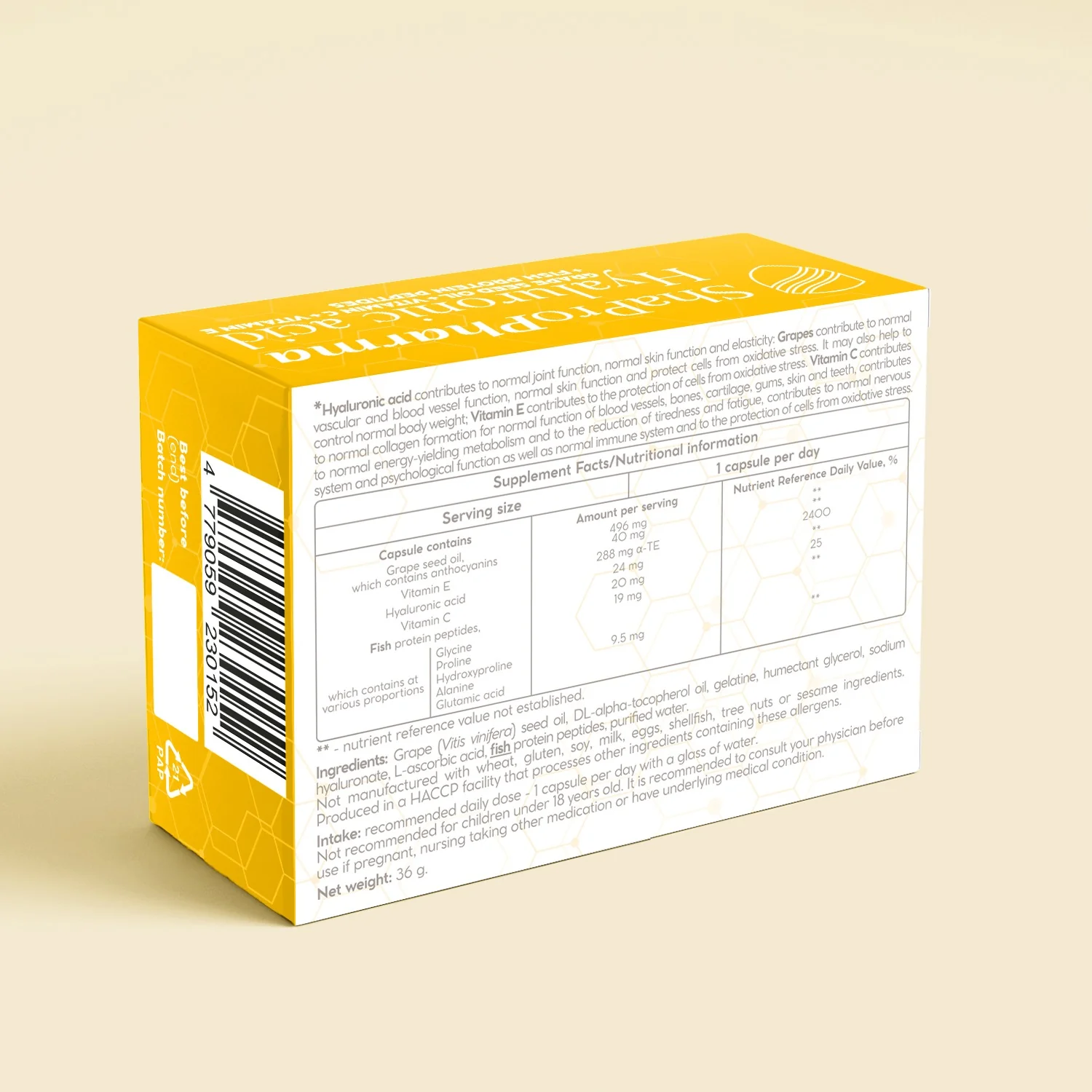 Hialurono Rūgštis su Žuvų Peptidais ir Vynuogių Sėklų Aliejumi | Shapro Pharma (30 kapsulių) - Image 2