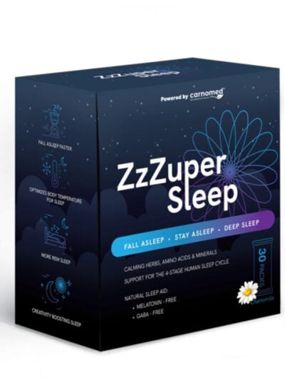 Carnomed ZZZuper Sleep pakuotė su 30 pakelių – gilaus miego ir nervų sistemos regeneracijos papildas.