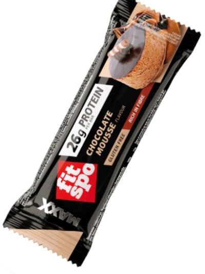 FitSpo Maxx Choco Mousse baltyminis batonėlis su kolagenu 75g pakuotėje.