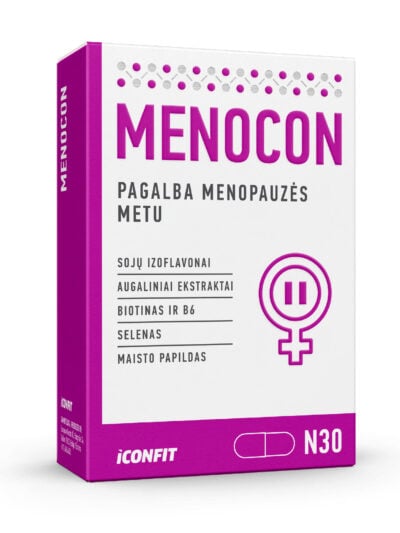 ICONFIT MENOCON 60 kapsulių pakuotė – maisto papildas moterims menopauzės laikotarpiu.