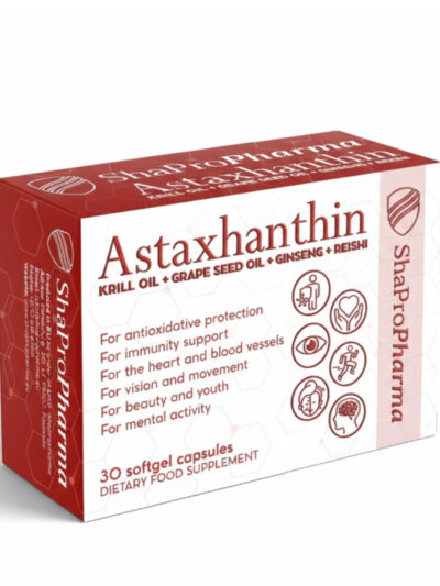 Shapro Pharma Astaxhanthin 30 kapsulių – antioksidantų kompleksas su krilių aliejumi, ženšeniu ir Reishi grybais