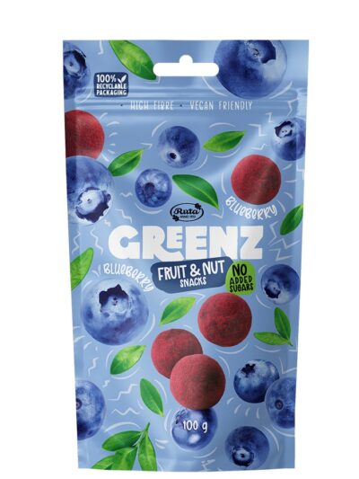 Rūta Greenz Blueberry 100g pakuotė – sveiki vaisių, uogų ir riešutų rutuliukai su mėlynėmis.