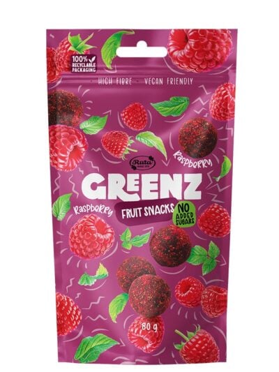 Rūta Greenz Raspberry 80g pakuotė – sveiki vaisių ir riešutų rutuliukai su avietėmis.
