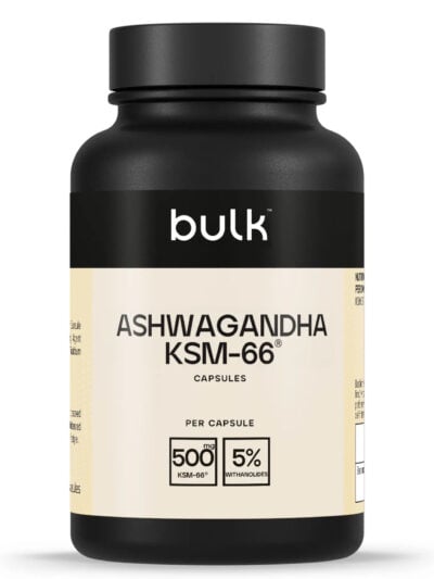 Bulk Ashwagandha KSM-66 500 mg maisto papildas kapsulėmis streso mažinimui ir organizmo balansui