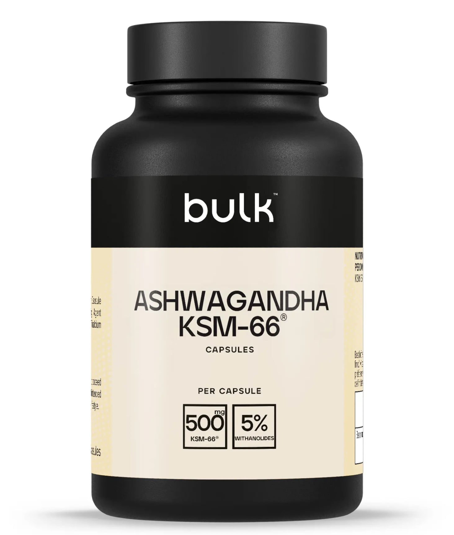Bulk Ashwagandha KSM-66 500 mg maisto papildas kapsulėmis streso mažinimui ir organizmo balansui