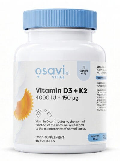 Vitamin D3 + K2, 4000 IU + 150 µg – Vitaminas D3 ir K2 kaulams 60 softgels | OSAVI | 60 minkštųjų kaps.