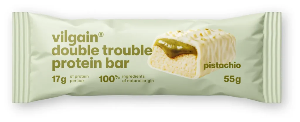 Double Trouble Protein Bar Pistachios – Traškus baltyminis batonėlis su pistacijomis | Vilgain | 55 g - Moksliškai pagrįstas veiksmingumas Double Trouble Protein Bar Pistachios – Traškus baltyminis batonėlis su pistacijomis | Vilgain | 55 g - produkto nuotrauka 1, FUNKCINIS MAISTAS ir Proteino Batonėliai ir Užkandžiai.