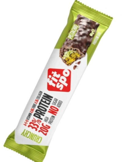 Fitspo Protein Bar Crunchy Pistachio baltyminis batonėlis su pistacijomis ir šokolado glazūra kasdieniam užkandžiui.