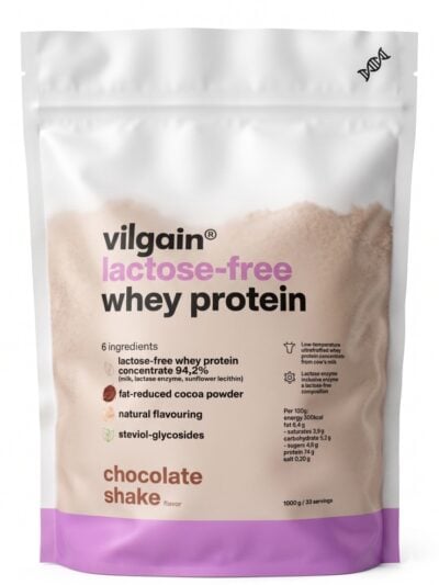 Vilgain Lactose-Free Whey Protein 1 kg pakuotė, natūralūs išrūgų baltymai be laktozės su stevija ir laktazės fermentu.