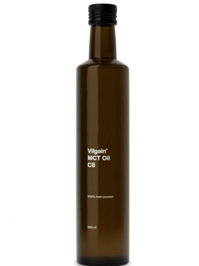 Vilgain MCT Coconut Oil C8 švarus kokosų kilmės aliejus, 500 ml tamsaus stiklo buteliukas su dozatoriumi.