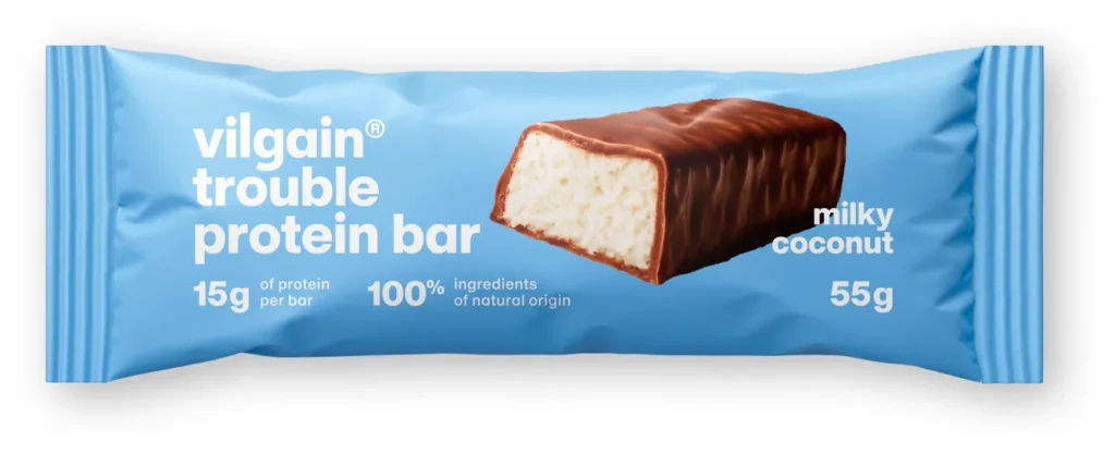 Trouble Protein Bar Milky Coconut – Švelnus pieniško kokoso skonio baltyminis batonėlis | Vilgain | 55 g - Moksliškai pagrįstas veiksmingumas Trouble Protein Bar Milky Coconut – Švelnus pieniško kokoso skonio baltyminis batonėlis | Vilgain | 55 g - produkto nuotrauka 2, FUNKCINIS MAISTAS ir Proteino Batonėliai ir Užkandžiai.