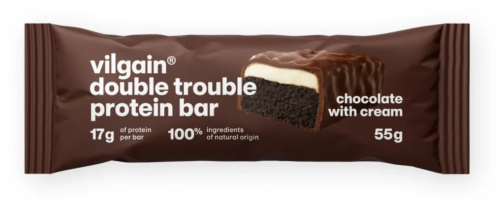 Double Trouble Protein Bar Chocolate with Cream – Šokolado ir kremo skonio baltyminis batonėlis | Vilgain | 55 g - produkto nuotrauka 3, FUNKCINIS MAISTAS ir Proteino Batonėliai ir Užkandžiai.