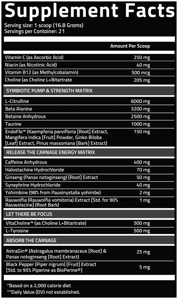 Carnage Advanced Pre-Workout – Pažangus prieštreniruotinis papildas | Nutrifitt | 352.8 g - Image 2