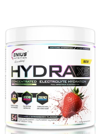Genius Nutrition Hydra-X5 efektyviai papildo jūsų sporto mitybos režimą. Produktas padeda palaikyti normalią elektrolitų pusiausvyrą bei raumenų funkcijas intensyvių treniruočių metu. Švari formulė. Alt tekstas nuotraukai: Genius Nutrition Hydra-X5 maisto papildas sportininkams ir aktyviam gyvenimo būdui.
