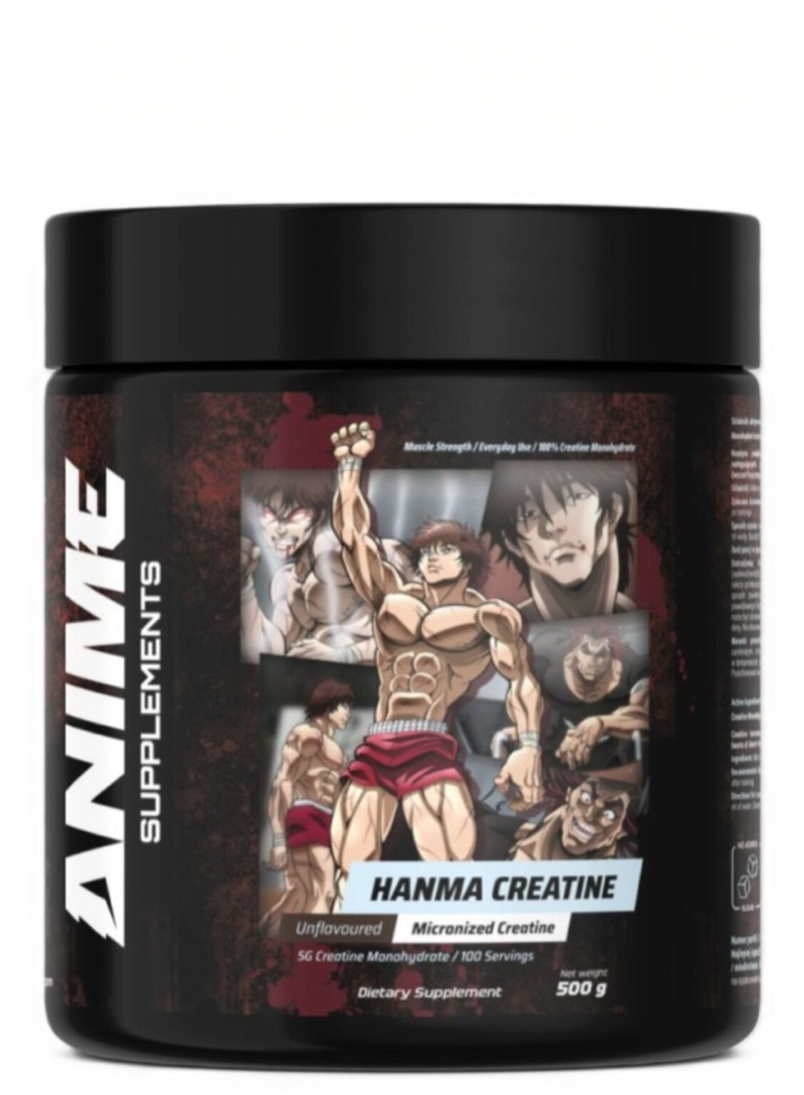 Hanma Creatine Monohydrate – Aukštos kokybės kreatino milteliai | Anime Supplements | 500 g | Klinikinio lygio ilgaamžiškumo protokolas, Kreatinas ir SPORTAS papildas.