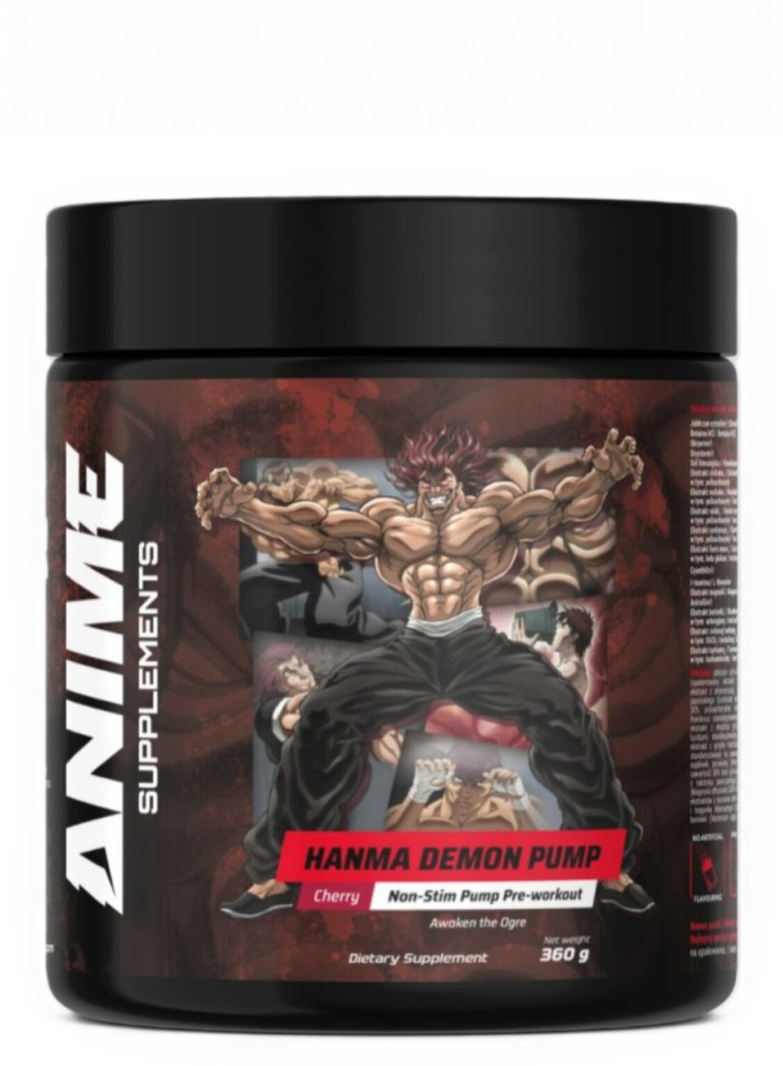 Hanma Demon Pump – Pre-Workout be kofeino | Anime Supplements | 360 g | Klinikinio lygio ilgaamžiškumo protokolas, Pre-Workout ir Pre-Workout (Be Kofeino) papildas.