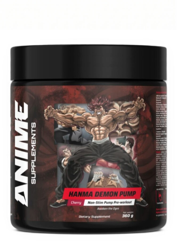 Hanma Demon Pump – Pre-Workout be kofeino | Anime Supplements | 360 g | Klinikinio lygio ilgaamžiškumo protokolas, Pre-workout papildai ir SPORTAS papildas.
