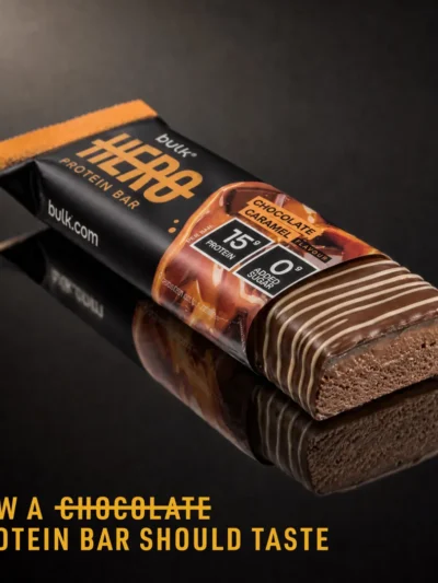 BULK Hero Protein Bar Chocolate Caramel gardus užkandis kasdieniam energijos balansui.