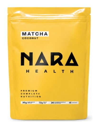 NARA Health Matcha Braškių Skonio Maisto Kokteilis maisto papildas sportininkams ir aktyviam gyvenimo būdui.