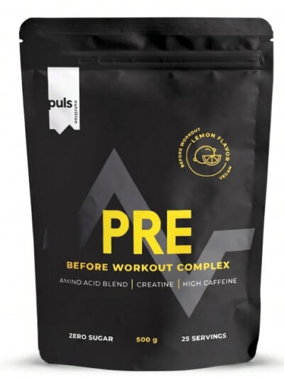 PULS Pre-Workout Complex Lemon 500 g maisto papildas sportininkams ir aktyviam gyvenimo būdui.