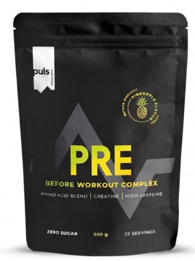 PULS Pre-Workout Complex Pineapple 500 g maisto papildas sportininkams ir aktyviam gyvenimo būdui.