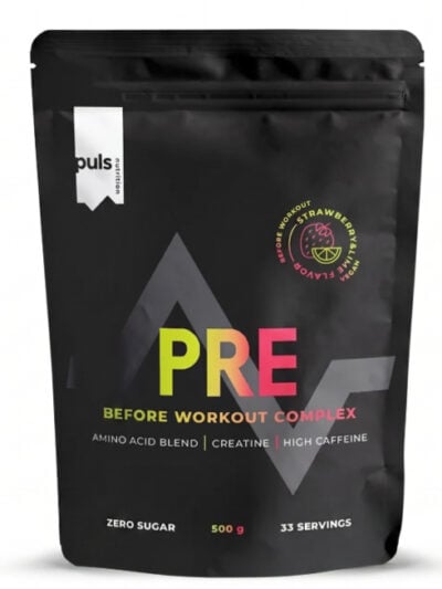 PULS Pre-Workout Complex Strawberry & Lime 500 g maisto papildas sportininkams ir aktyviam gyvenimo būdui.