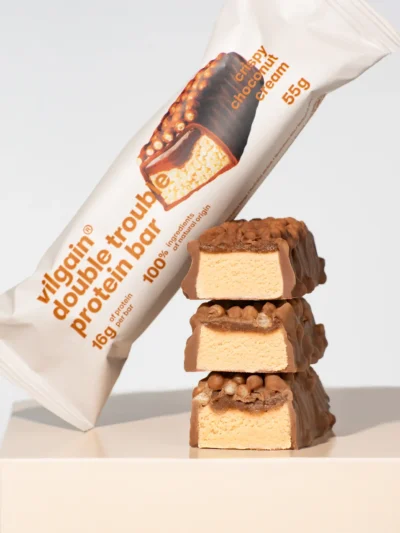 Vilgain Double Trouble Protein Bar Crispy Choco Nut Cream gardus užkandis kasdieniam energijos balansui.