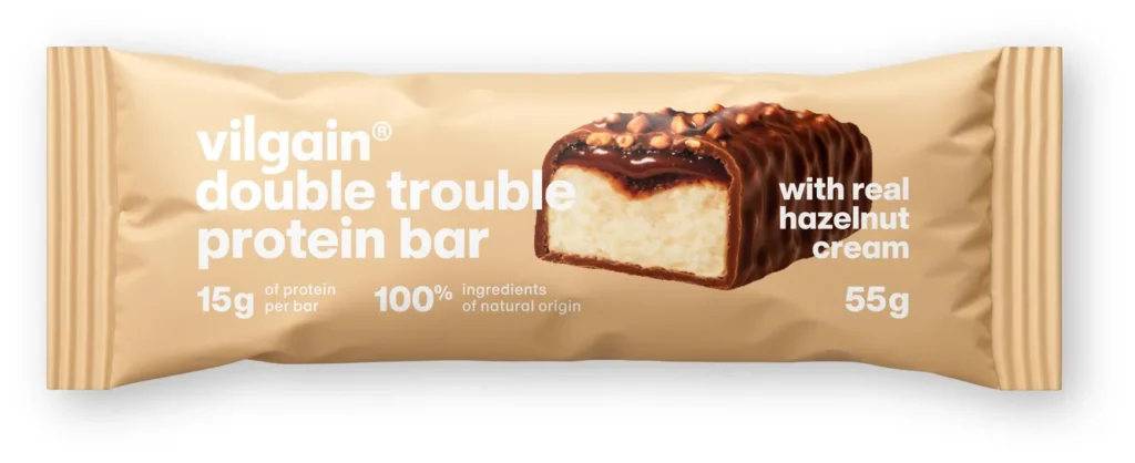 Double Trouble Protein Bar Hazelnut Cream – Dvisluoksnis traškus baltyminis batonėlis | Vilgain | 55 g - produkto nuotrauka 1, FUNKCINIS MAISTAS ir Proteino Batonėliai ir Užkandžiai.