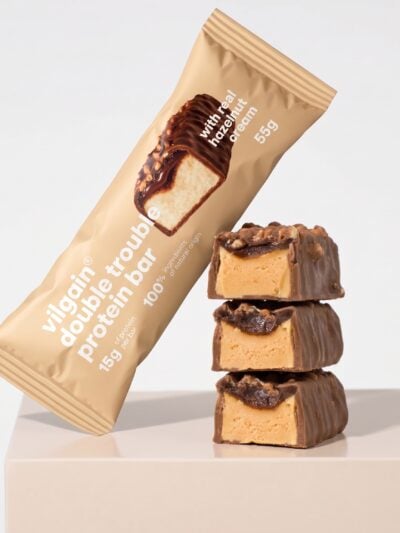 Vilgain Double Trouble Protein Bar Hazelnut Cream gardus užkandis kasdieniam energijos balansui.