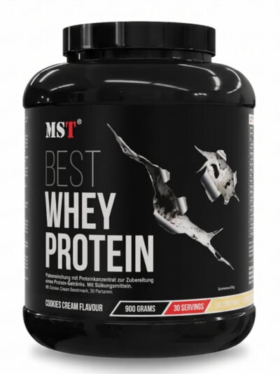 MST Best Whey Protein + Enzymes 900g maisto papildas sportininkams ir aktyviam gyvenimo būdui.