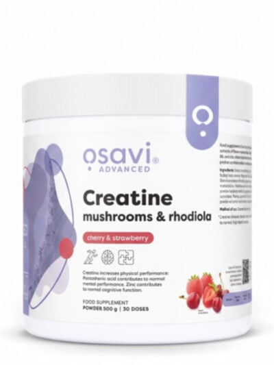 Osavi Creatine, Mushrooms & Rhodiola Cherry & Strawberry maisto papildas sportininkams ir aktyviam gyvenimo būdui.
