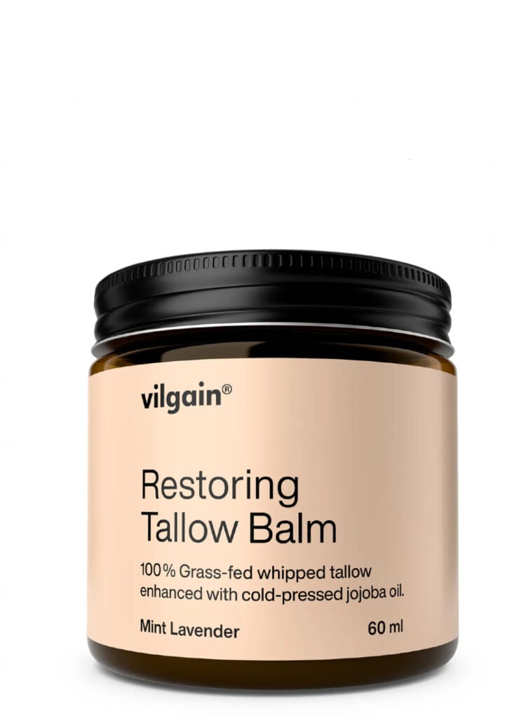 Vilgain Organic Restoring Tallow Balm maisto papildas ir odos priežiūra aktyviam gyvenimo būdui. Failo pavadinimas: vilgain-organic-restoring-tallow-balm-60ml.jpg