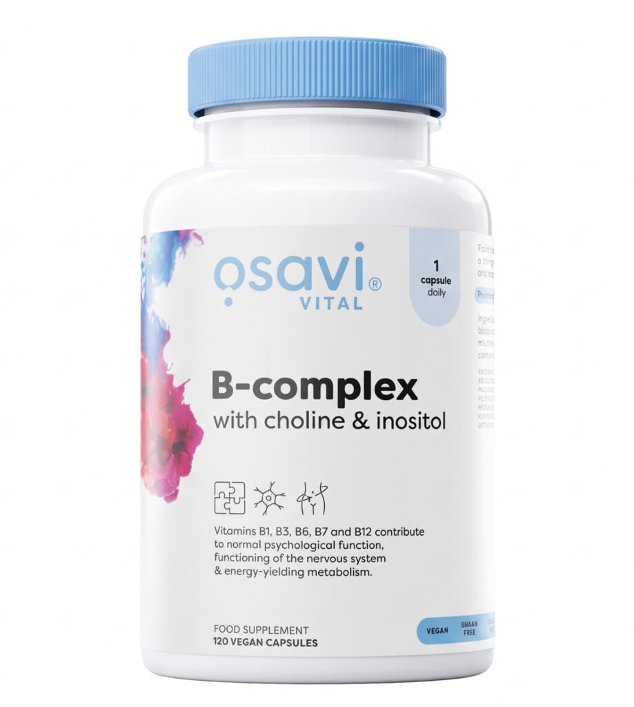 OSAVI B-Complex with Choline & Inositol maisto papildas kasdienės mitybos praturtinimui ir organizmo balansui.